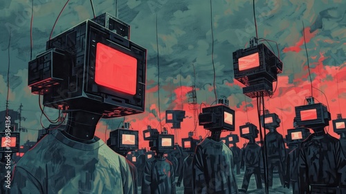 A painting of a group of people with television sets for heads standing in a field. photo