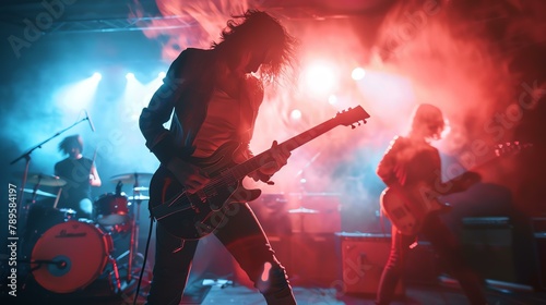 Guitarist and drummer performing live on stage during a rock concert with red and blue stage lights. photo