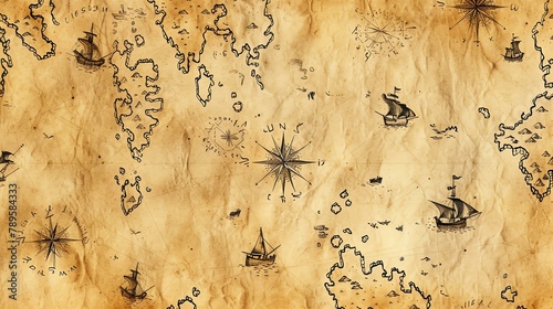 A high quality image of an old world map. The map is on a beige background and has a distressed, vintage look. photo