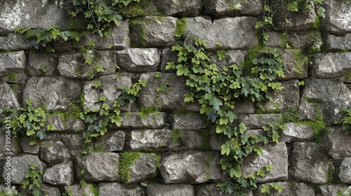 A seamless texture of an old stone wall with ivy growing on it. The stones are a variety of colors and shapes, and the ivy is a deep green.