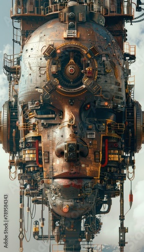 A steampunk robot head with a female face