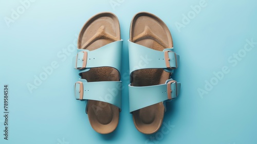 **Image description:** A pair of blue sandals with brown soles on a blue background. The sandals are made of leather and have two adjustable straps.