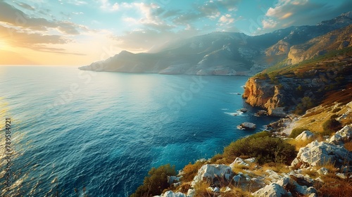 Mesmerizing Coastal Landscape With Majestic Mountains Serene Ocean and Breathtaking Sunset Sky