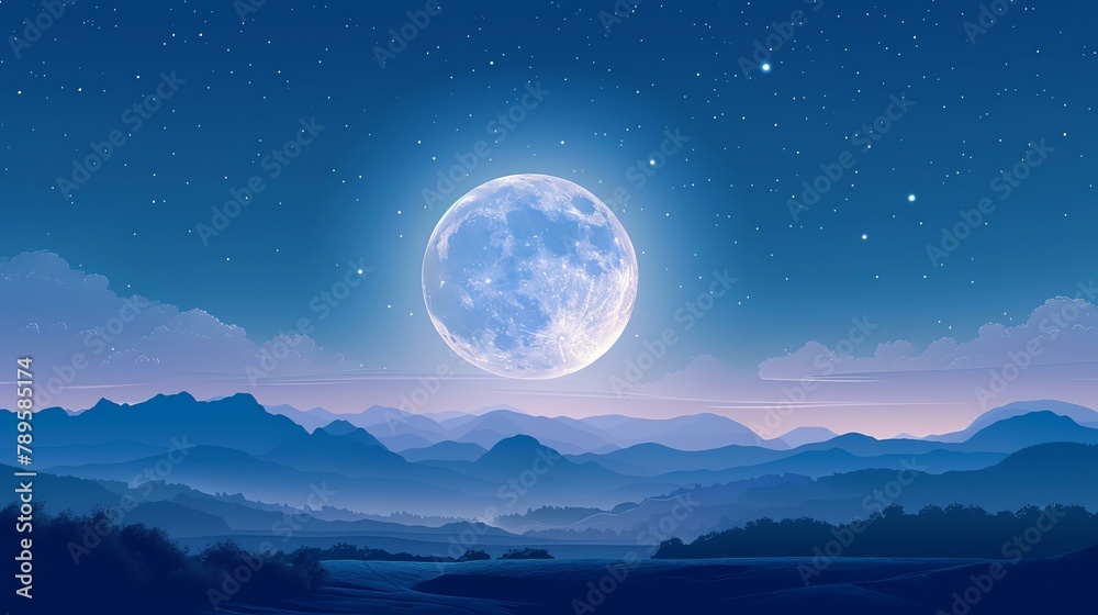 The full moon rises over a mountain range. The sky is dark and starry. The mountains are dark and mysterious. The foreground is a dark field.