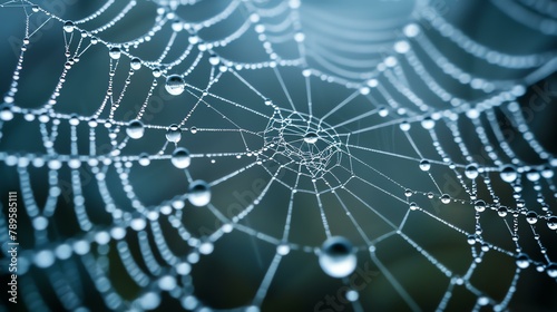 Delicate and detailed cobweb with morning dew. The intricate structure of the web is made up of fine, glistening threads that catch the light of day.