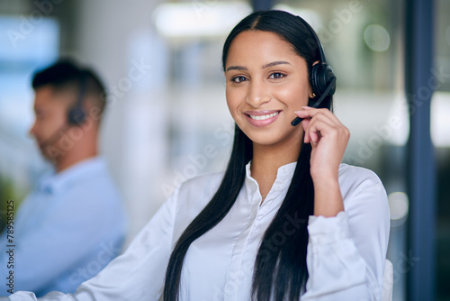 Woman, portrait and callcenter with headset and microphone for telecom, communication and contact us. Happy working at telemarketing agency, sales and CRM for phone call, customer service and support