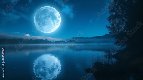 The full moon rises over a calm lake, casting a silvery glow on the water. The sky is dark and clear, with a few stars visible.