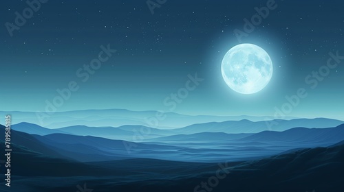 The full moon rises over a mountainous landscape. The sky is dark and starry. The mountains are dark and mysterious.