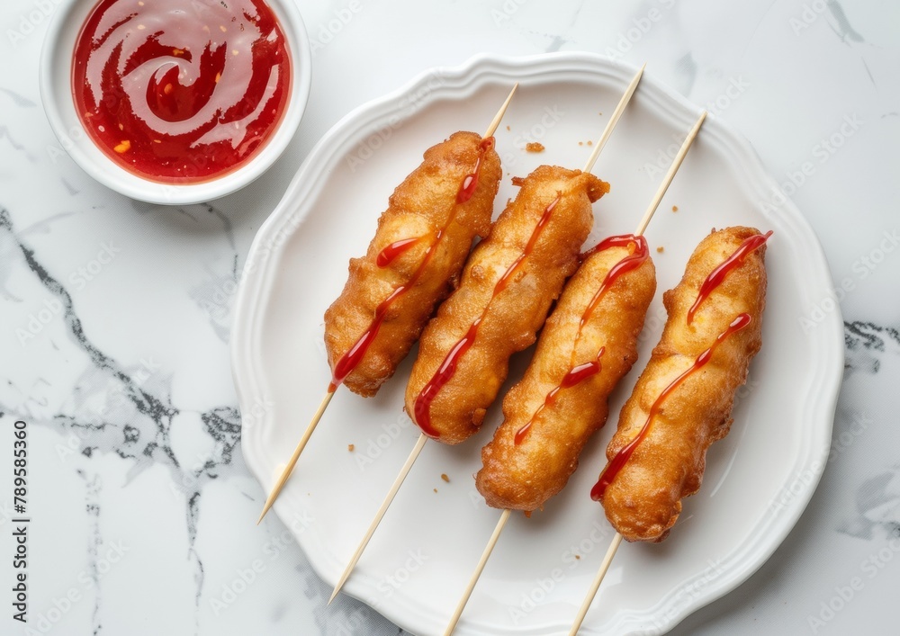 Corn Dogs with Drizzled Ketchup on White Marble Surface: Fast Food Delicacy Corn Dogs with Drizzled Ketchup on White Marble Surface: Fast Food Delicacy