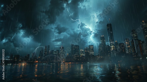 Thunderstorm: A photo of a city skyline during a thunderstorm