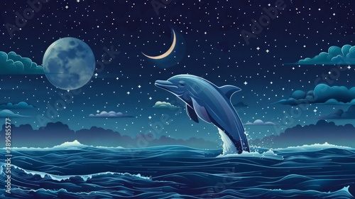Majestic Dolphin Leaping Under Moonlit Starry Night Sky