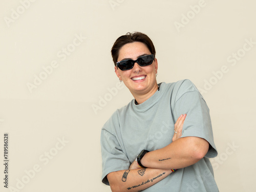 Smiling woman with short hair photo