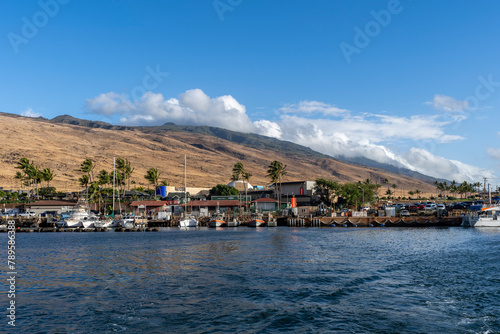 View of the shore from a boat on Maalaea Bay, which is on the southern coast of the isthmus separating West Maui from the island’s Central Valley