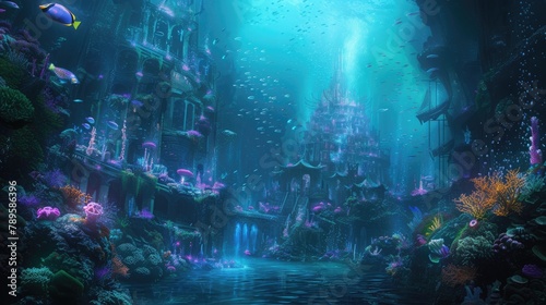 An underwater city with bioluminescent coral, schools of colorful fish, and ancient ruins, all illuminated by the eerie glow of an underwater volcano. Resplendent.