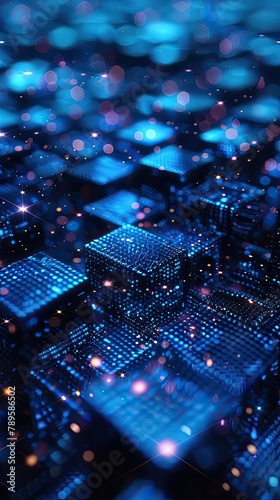 Neon Grid, Abstract Digital Wallpaper with Glowing Blue Grid