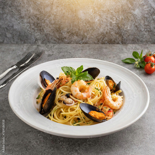 Spaghetti mit Meeresfrüchten auf einem weißen Teller angerichtet photo