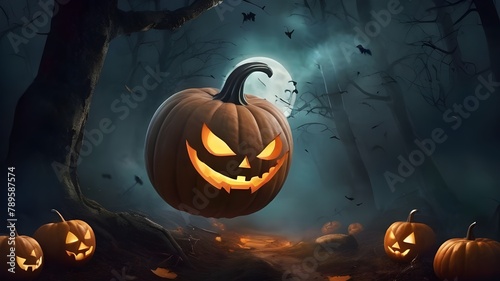 Halloween pumpkin swings in the air in a mystical forest by moon night.