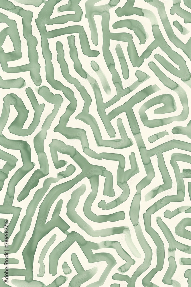 A watercolor maze pattern with basic lines in shades of sage green and white A watercolor maze pattern with basic lines in shades of sage green and white