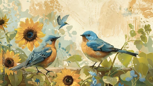 Classic depiction of a sunflower garden with bluebirds fluttering about