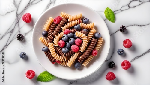 Sweet chocolate fusilli pasta with fresh berry on white plate, marble baground, top view, copy space