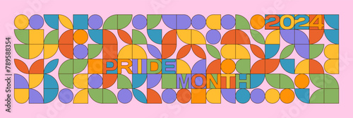 Tolerance and peace rainbow typographic banner template. Pride month 2024 simple geometric mosaic style. Contour flat vector illustration.