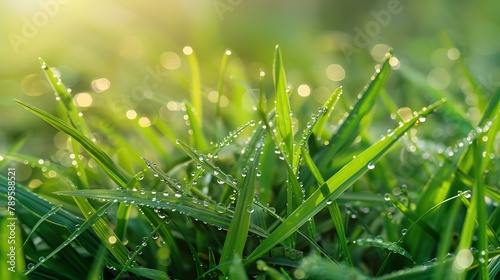 Close-up of fresh green grass with dew drops in the morning sun.