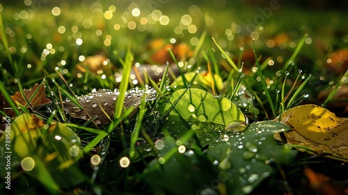 Close-up of green grass and leaves with dew drops in the morning sun. The image is full of freshness and tranquility.