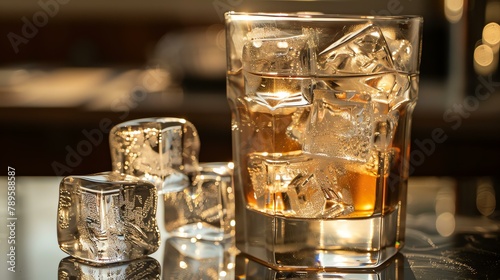 A close-up of a glass of whiskey with ice cubes. The glass is sitting on a bar counter. The background is out of focus and has a warm, inviting glow.