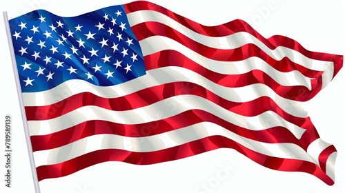 A beautiful waving American flag. The flag is blowing in the wind and has a white background with red and blue stripes.
