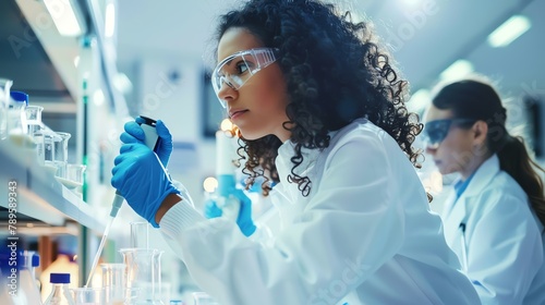 ðŸ‘©â€ðŸ”¬ðŸ§ªðŸ§¬ A young female scientist wearing a lab coat and safety goggles uses a pipette to transfer a liquid into a test tube. photo