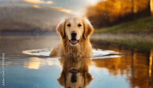 Golden retriever or labrador dog bathes in water at sunset (river, lake)