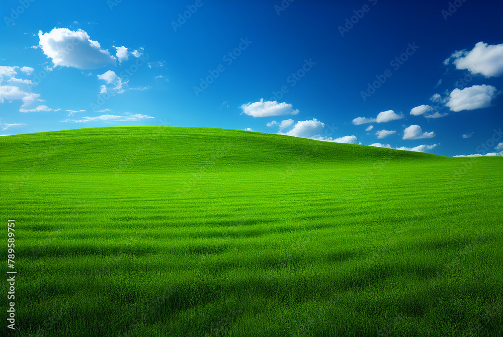 Grass field landscape with blue sky background. 
