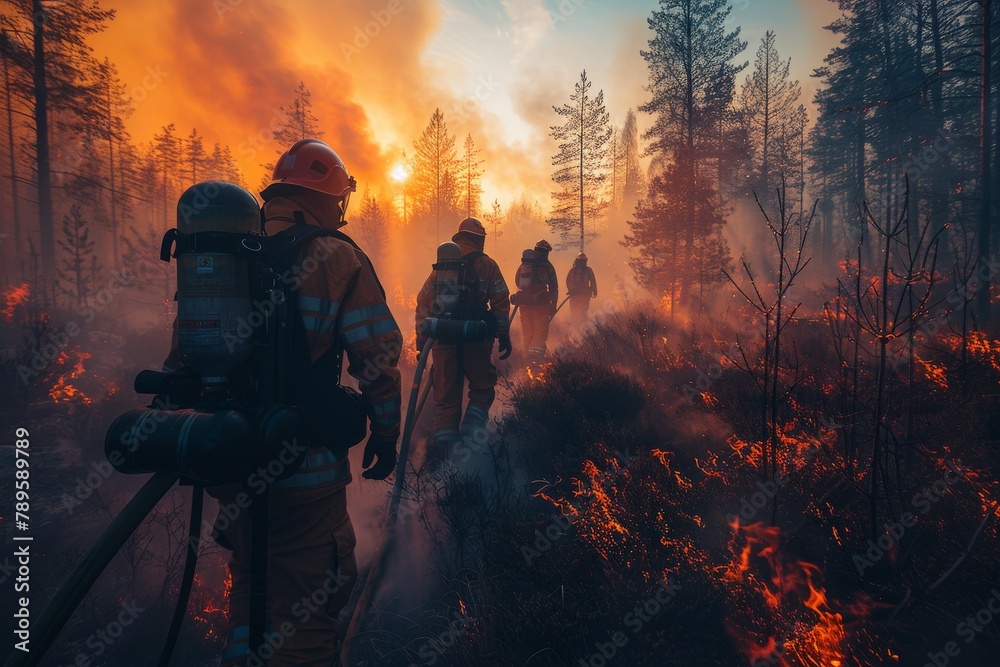 A backlit view of a group of firefighters with equipment walking through a burning forest