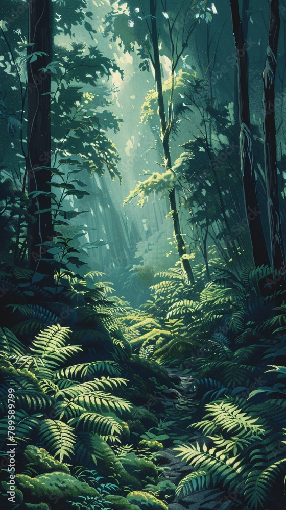 Classic illustration of lush ferns and moss in a shadowy forest undergrowth