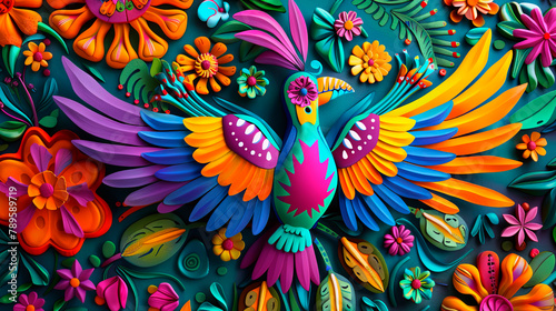 Folk art bird on a colorful background