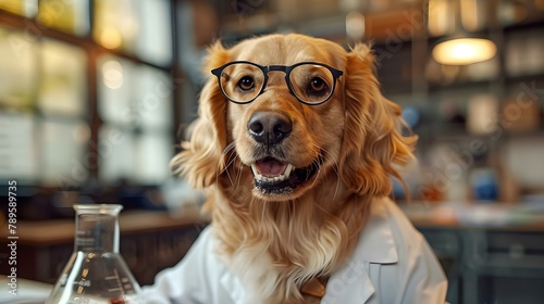 Smart Pup Concocts New Beats in Lab. Concept Music, Dogs, Science, Creativity, Laboratory