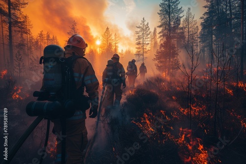 A backlit view of a group of firefighters with equipment walking through a burning forest photo