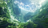 Illustrate the excitement of a wide-angle view adventure in a dynamic 3D rendering Use CG techniques to portray a breathtaking, immersive environment filled with depth and motion