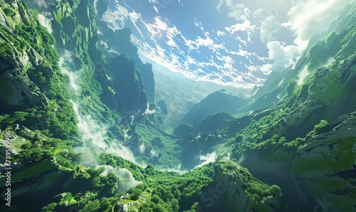 Illustrate the excitement of a wide-angle view adventure in a dynamic 3D rendering Use CG techniques to portray a breathtaking  immersive environment filled with depth and motion