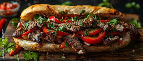 Delicious Philly Cheesesteak on Rustic Table – A Feast for the Eyes. Concept Food Photography, Cheese Steak, Rustic Setting, Mouthwatering, Visual Feast