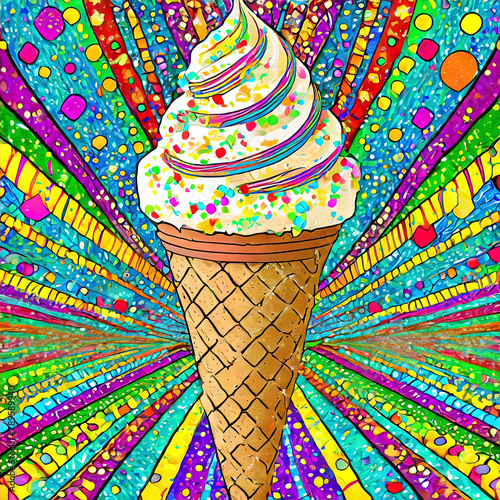 Illustration of an ice cream cone with sprinkles against a psychedelic background