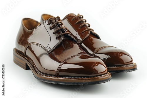 Elegant brown leather Oxford shoes with a glossy finish presented on a white background for clear viewing