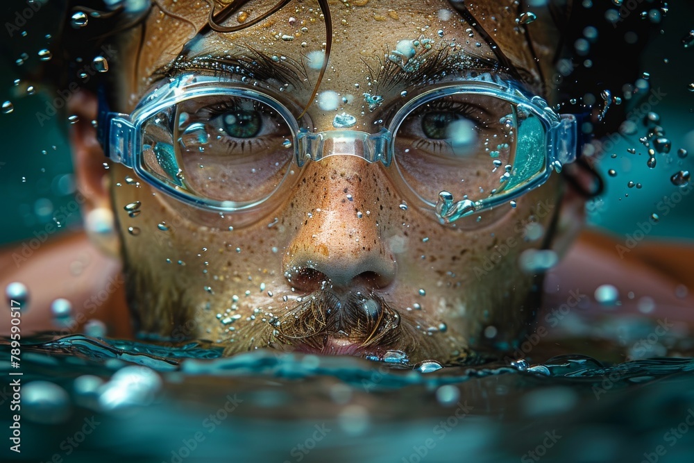 A man submerges underwater with goggles on, his face surrounded by clear water bubbles giving a sense of tranquility