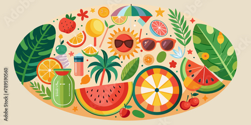 Vibrant Summer Vibes  Fruits  Sunglasses  Beach  and Refreshments Illustration
