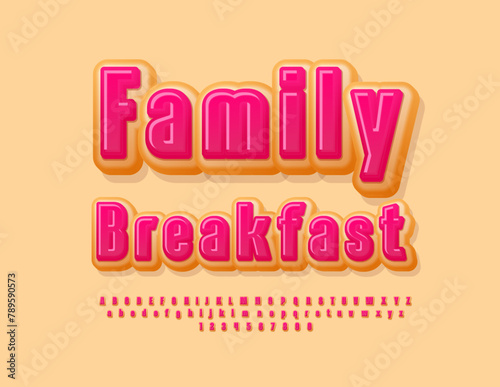 Vector tasty logo Family Breakfast. Pink glazed Font. Cake style set of Alphabet Letters and Numbers