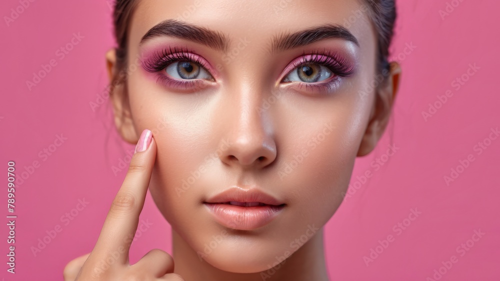 Close-up, portrait of a girl holding her finger up to her face