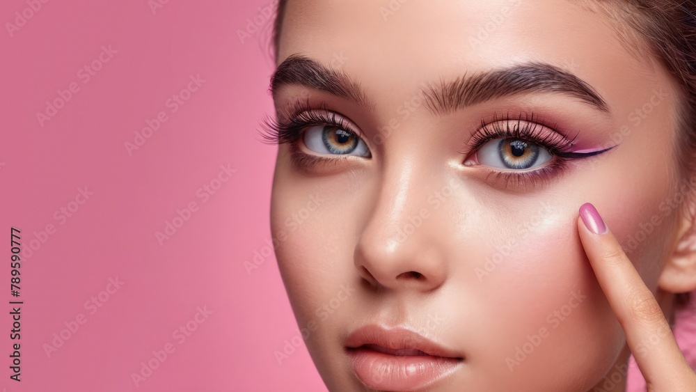 Close-up, portrait of a girl holding her finger up to her face Close-up, portrait of a girl holding her finger up to her face