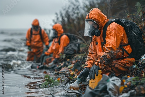 Environmental workers in protective gear meticulously cleaning a trash-covered shoreline under adverse weather conditions