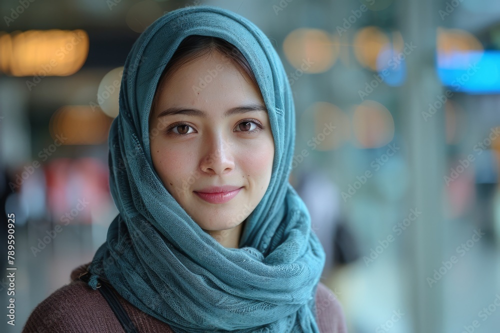 A pleasing close-up of a smiling young woman adorned with a vibrant turquoise hijab A pleasing close-up of a smiling young woman adorned with a vibrant turquoise hijab
