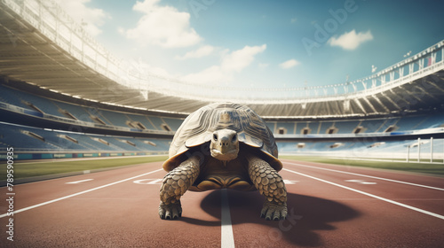A Turtle walking on running track, Turtle walking slow on the starting grid of a running track photo